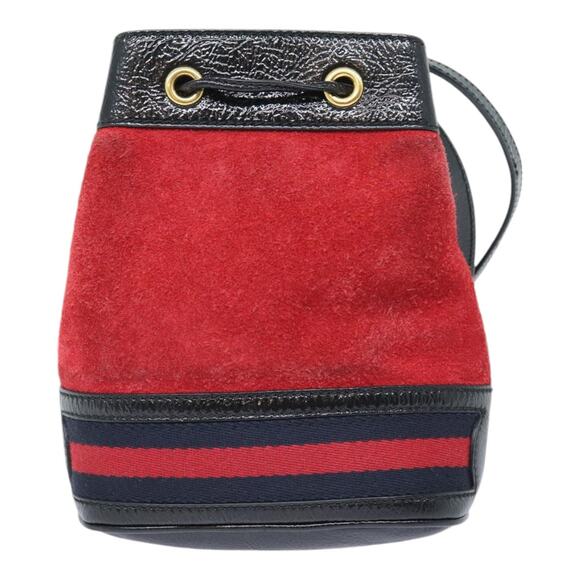 GUCCI Sherry Line Shoulder Bag Suede Red Gold Navy - Picture 3 of 16